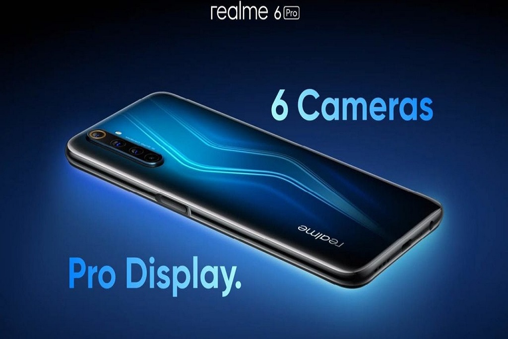 Realme 6 Pro de color azul encendido con la pantalla hacia abajo