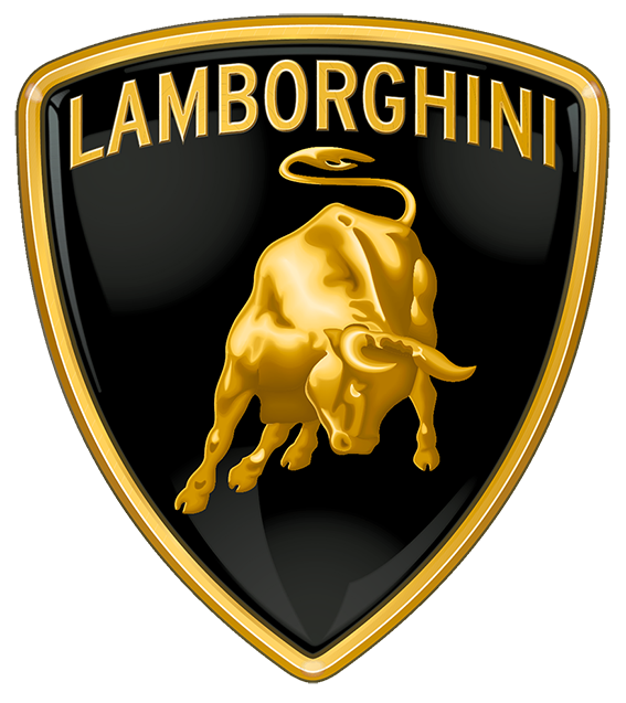 Toro dorado con un letrero encima. Logo de  Lamborghini atrás un fondo negro